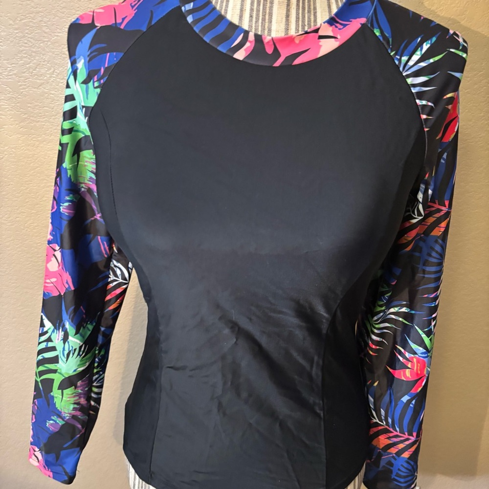 NEW BesserBay Rashguard Large Black Long Sleeve Tropical Floral Raglan Swim Tee - Picture 3 of 15